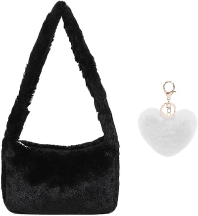 Dailygoods- Schoudertas grote capaciteit - Pluche tas - Dameshandtas - Hanger 9 cm - Zwart - Comfortabel en duurzaam - Handtas