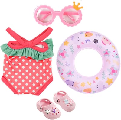 Poppenbadset 4-delig voor 43 cm poppen - badpak, zwemring, clogs en zonnebril met zeedierenpatroon
