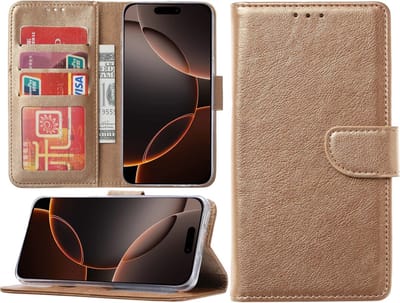 Hoesje Geschikt voor iPhone 16 Pro Max hoesje – portemonnee bookcase met pasjeshouder – Goud
