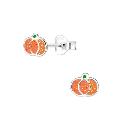 Joy|S - Zilveren pompoen oorbellen - glitter oranje - 6 x 5 mm