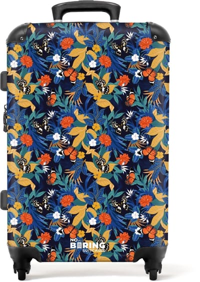 NoBoringSuitcases.com - Grote koffer - Tropisch vlinder patroon donker blauw - Kinderkoffer geschikt voor jongen en meisjes - Reiskoffer met 4 wielen - Trolley op wieltjes - Rolkoffer groot kinderen - 72 liter - Ruimbagage valies 20kg