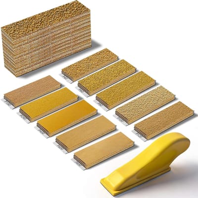 Schuurpapier, 100 stuks, inclusief handschuurmachine, korrel 40/60/80/120/180/240/320/400/600/800, schuurpapier 93 x 30 mm, voor het polijsten en slijpen van hout, metaal, glas, auto's
