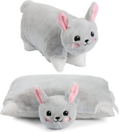 BRUBAKER Knuffelkussen Konijn - 2 in 1 Pluche en Knuffelkussen - 40 x 30 cm Knuffel Konijn - Opvouwbaar Pluche Kinderkussen met Klittenbandsluiting - Kussen Konijn Knuffeldier - Grijs