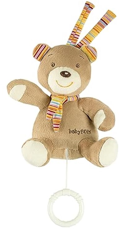 Fehn Muziekdoosje, baby, slaaphulp, knuffel met melodie "Weet gij hoeveel sterren kleven", voor onderweg en thuis, muziekspeelgoed voor baby's en peuters, teddy