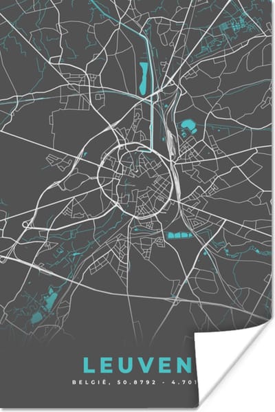 Poster Plattegrond – Leuven – Blauw – Stadskaart - Kaart - België - 120x180 cm XXL