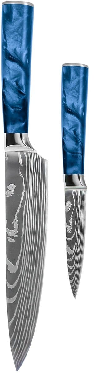Shinrai Knives - Damascus Print Epoxy Sapphire 2-delige Messenset - Koksmes + Schilmes