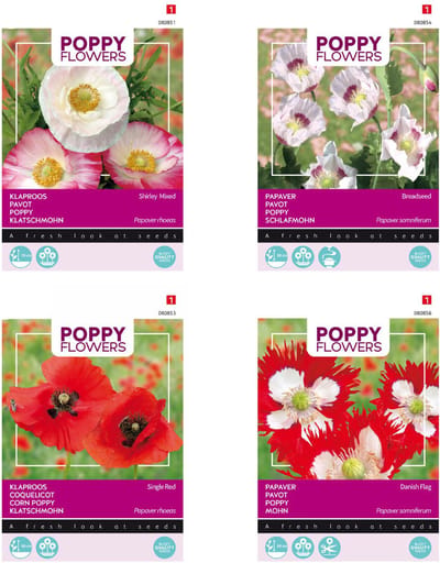 Poppy / Klaprozen zaden set van 4 soorten | Klaproos Gemengd | Klaproos Rhoeas Rood | Papaver Blauwmaanzaad | Papaver Deense Vlag | Set je tuin vol met bloemen!