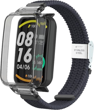 By Qubix - Braided nylon bandje met case - Donkergrijs - Geschikt voor Xiaomi Smart Band 7 Pro / Mi Band 7 Pro bandje