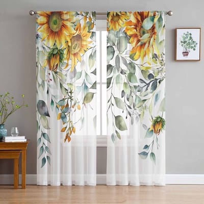 Plant Bladeren Zonnebloem Bloem Transparante Gordijnen voor Woonkamer Decoratie Raamgordijnen voor Keuken Tule Voile Organza Gordijnen W135 x H115cm x1 white
