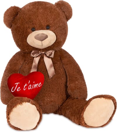 BRUBAKER - XXL Teddybeer 100 cm met een Hartje - Je t'aime - Zacht Speelgoed Knuffel - Bruin - Cadeau - Valentijn