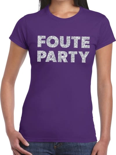 Foute Party verkleed t-shirt - zilveren glitter tekst - paars - voor dames - Party kleding XS