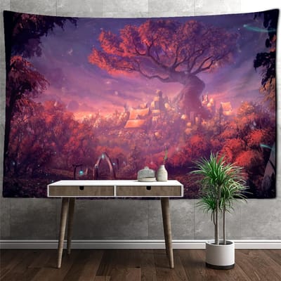 Viking Raaf Wandtapijt Muurdecoratie Wensboom Mysterieuze Meditatie Psychedelische Kunst Woonkamer Kunst Huisdecoratie 95x70cm pink