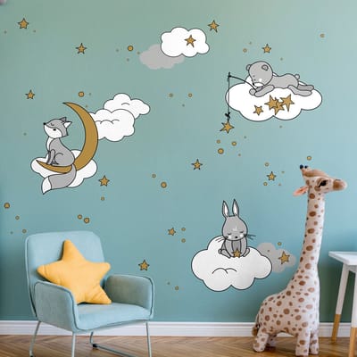 Muurstickers - Dromerige dieren onder de sterren - Zelfklevende stickers - 135x90cm