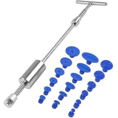 Verfloze deuken reparatie trekker kit auto deuken reparatie gereedschap T-balk schuifhamer + 18 stuks lijm trekker tabs blauw