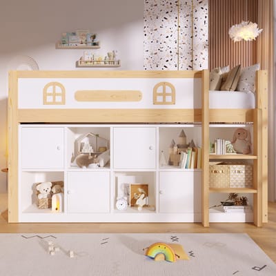 Hoogslaper 90x200 cm met Krijtbord, Opbergvakken & Ladder - Kinderbed - Wit/Hout