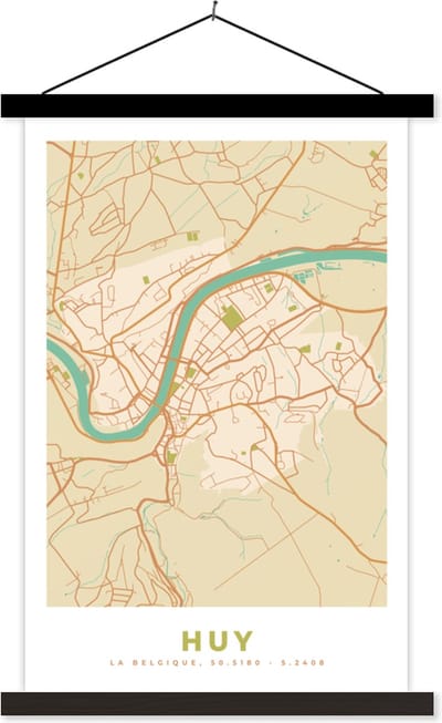 Posterhanger incl. Poster 40x60 cm - Schoolplaat - Kaart - België - Plattegrond - Stadskaart - Huy - Textielposter - Zwarte latten - Stadskaart
