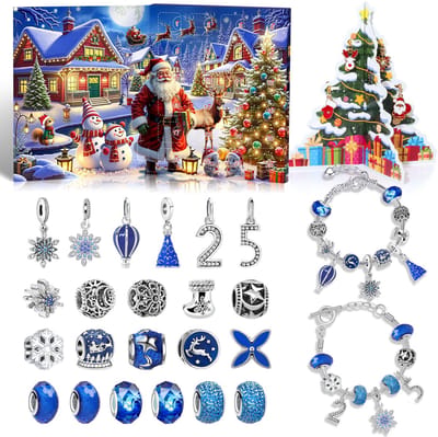Adventskalender 2025 - Adventskalender voor kinderen - Kerstaftelkalender - Kerstmis - 24 dagen aftellen naar Kerstmis - Kerstaftelcadeau - Armband - Cadeau voor kinderen, jongens en meisjes - Blauwe kerstarmband 2025