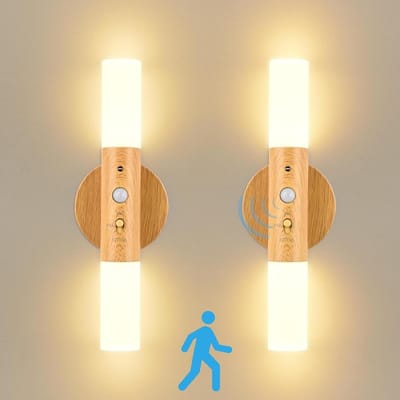 Binnen wandlamp 2 stuks bewegingsmelder draadloos batterij houten bedlampje met USB-oplaadpoort