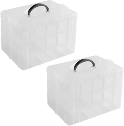 Stapelsysteem voor Opberging, 2 Stuks, 3 Niveaus, Plastic Opbergdozen met Draaghandvat en Verstelbare Compartimenten, 30 Vakken voor Kleine Onderdelen, Knutselmaterialen en Sieraden