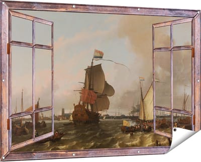 Gards Tuinposter Doorkijk Het Oorlogsschip Brielle op de Maas voor Rotterdam - Ludolf Bakhuysen - 150x100 cm - Tuindoek - Tuindecoratie - Wanddecoratie buiten - Tuinschilderij