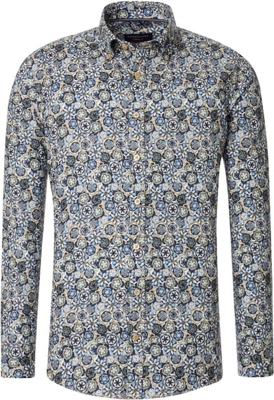 CASA MODA Sport casual fit overhemd - twill - blauw met groen - beige en wit dessin - Strijkvriendelijk - Boordmaat: 39 - 40
