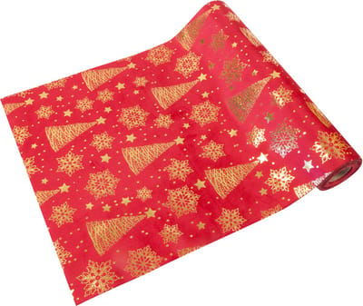 HOBI - Rood fluwelen tafelloper met gouden kerstbomen 3m voor Kerstmis