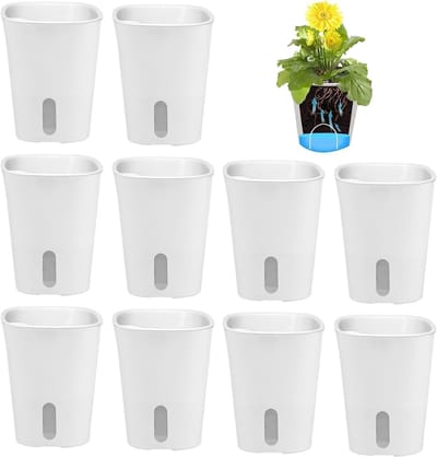 Dailygoods- Bloempotten Zelfbewaterend - Set van 10 - Mini Bloempotten - Plastic Plantenpotten - 8,5 x 7,5 cm - Wit - Plantenbak