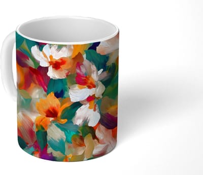 Mok - Koffiemok - Harmonieus - Abstracte bloemen - Warme tinten - Mokken - 350 ML - Beker - Koffiemokken - Theemok