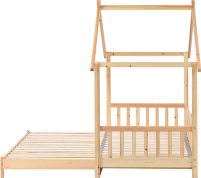 Uitbreidbaar boomhutbed, huisbed, kinderbed, dagbed, een- en tweepersoonsbed, puur massief hout, naturel (200x90cm)
