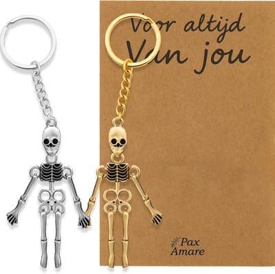 Koppel Sleutelhanger voor 2 'Voor altijd van jou' - Magnetische Skeletjes - Sleutelhanger set op Cadeau Kaartje - Zilverkleurig & Goudkleurig - Persoonlijke Hanger - Pax Amare