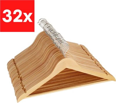 Wooners® Houten kledinghangers - 32 stuks - Met broeklat - Bruin