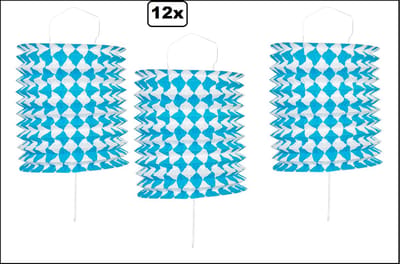 12x Lampion blauw/wit ruit recht 16cm x 25cm - Oktoberfest - festival thema feest verjaardag party papier BBQ strand licht fun