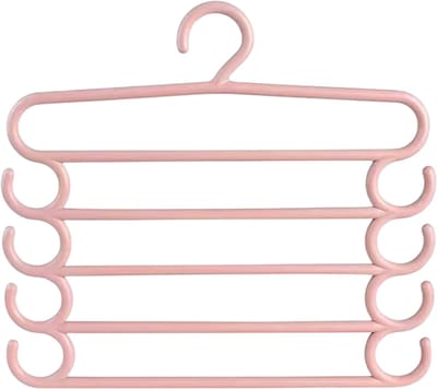 1 Stuk Multifunctionele Broekhanger – 5-laags Broekenrek voor Kast, Ruimtebesparend en Kleding Organizer met Kleurige Klemmen - Roze
