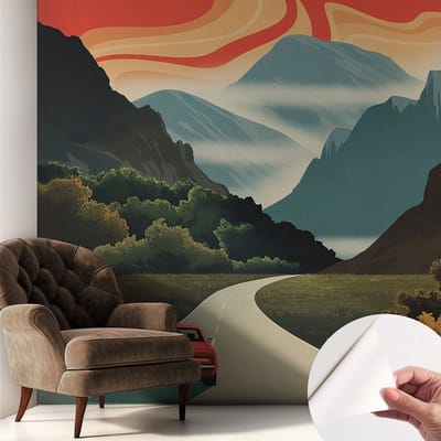Coloray Zelfklevend Behang - Bergavontuur Zelfklevend fotobehang - 250x250 cm - Oranje Zelfklevend Behang - Voor de woonkamer, slaapkamer en kantoor - Herpositioneerbaar - Stickerbehang op rol