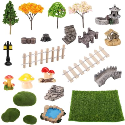 Dailygoods- Tuinaccessoires 23 Stuks - Miniatuur Decoraties - Hars/Plastic/Hout - Brug/Hek/Vijver - Gazonfiguren - Kleurrijk - Miniatuurtuinfiguren