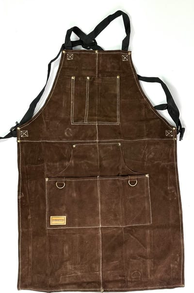 MGM Trading - Leren Lasschort - 6 Zakken - Heavy Duty Werkplaats Schort - Hitte- en Vlamwerend Kevlar Stiksel - Voor Lassers en Smeden - Donkerbruin