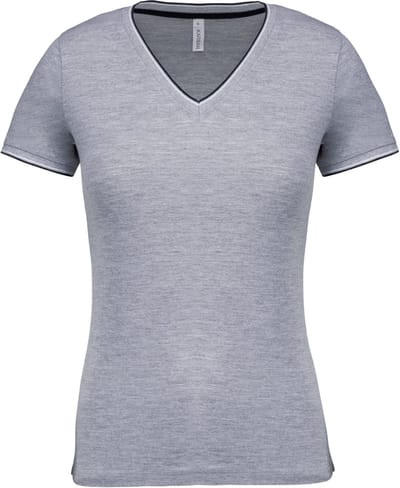 Kariban Dames-t-shirt piqué V-hals K394 - Oxford Grey / Navy / White - XXL