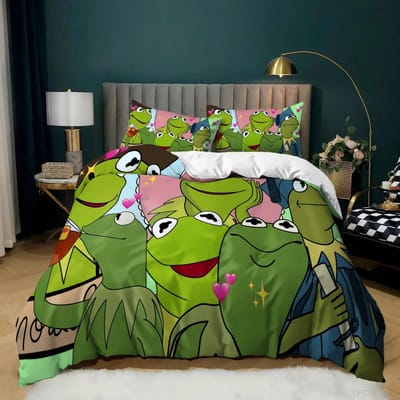Cartoon Kikker Dekbedovertrek Set KingQueen Maat Lieflijk Groen Dier Reptiel Grappig Gezicht Beddengoed Set Polyester Dekbedovertrek EU Single 135x200cm