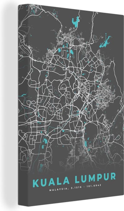 Canvas Schilderij Kuala Lumpur - Stadskaart - Plattegrond - Kaart - Blauw - 20x30 cm - Wanddecoratie
