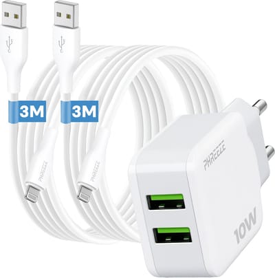 Phreeze usb oplader 10 W - Geschikt voor iPhone en iPad met Lightning kabel 3m - Dubbele usb poorten - 2 kabels meegeleverd
