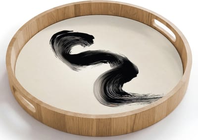 Dienblad rond 40x40 cm - Schootdienblad hout - Penseelstreek - Zwart - Minimalistisch - Borrelplank rechthoek - Plateau houten dienbladen