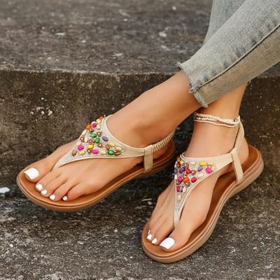 Sandales plates d'été bohèmes pour femmes, chaussures de plage à semelle souple et antidérapantes avec décoration en perles colorées 38 beige