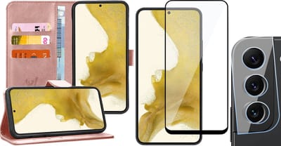 Hoesje geschikt voor Samsung Galaxy S22 Plus - Book Case Kunstleer Wallet Cover Portemonnee Pasjeshouder Hoes Roségoud - Full Tempered Glass Screenprotector - Camera Lens Protector