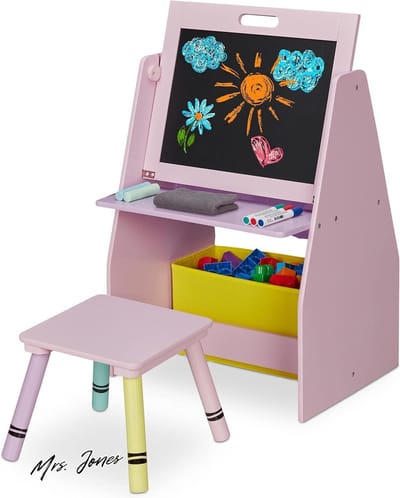 Mrs. Jones Schoolbord Kind Speelgoed Opbergkast 2 Vakken Box HBD Ca. 84x52x45 Cm Speeltafel Krukje Roze .