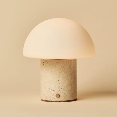 Tavellio Maris Draadloze Tafellamp – H19 – Travertijn en Glas – Tot 100 branduren – Beige