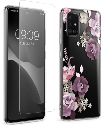 kwmobile telefoonhoesje geschikt voor Samsung Galaxy A51 hoes - Telefoonhoesje voor smartphone - Telefoon cover - Met glazen schermbeschermer - Bloesems en rozen design