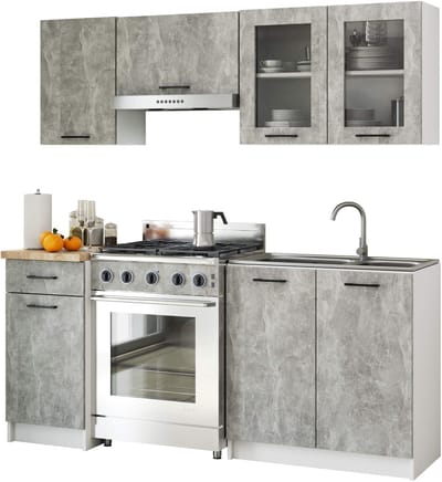 Complete Keuken, Keukenmeubelset OLIWIA met Verkblad 180 cm breed met Vitrinekast / Keukeneenheid zonder apparatuur / Beton Grijs / 180 x 203 x 46 cm