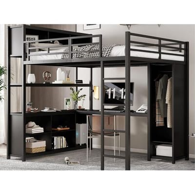 ModernLuxe Mezzanine bed 140x200 cm - met bureau en opbergplank - met garderobe - met ladder - Metaal + spaanplaat - Zwart