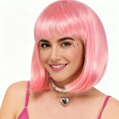 Korte Roze Synthetische Bob Peruk voor Vrouwen met Pony voor Rollenspel en Carnaval - 30 cm Glad Haar
