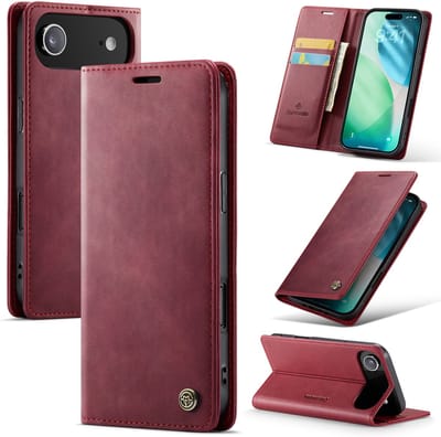 Casemania Hoesje Geschikt voor Apple iPhone 17 Air - Burgundy Red - Luxe Kunstleer Dunne Telefoonhoesje met Pasjeshouder en Standaardfunctie - Slim Wallet Case - Bordeaux Rood